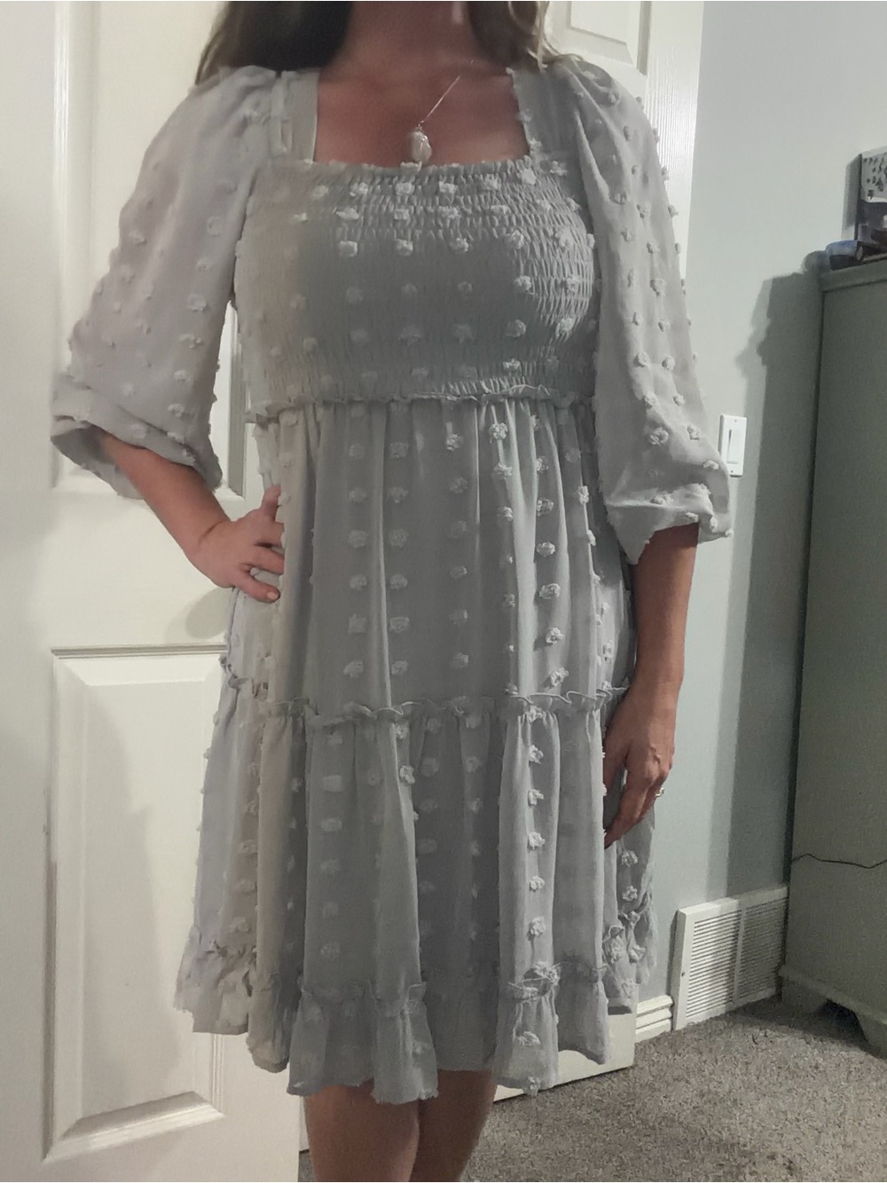 NWT Smocked Swiss Dot Midi Dress in Light Gray Size M Retail $46